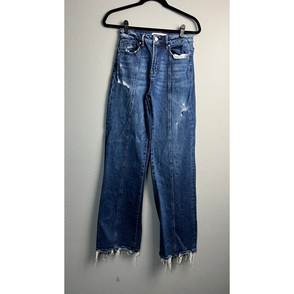 Mica Denim Front Seam Wide Leg Baggy Boho Jeans Dark Wash Raw Hem Size 26